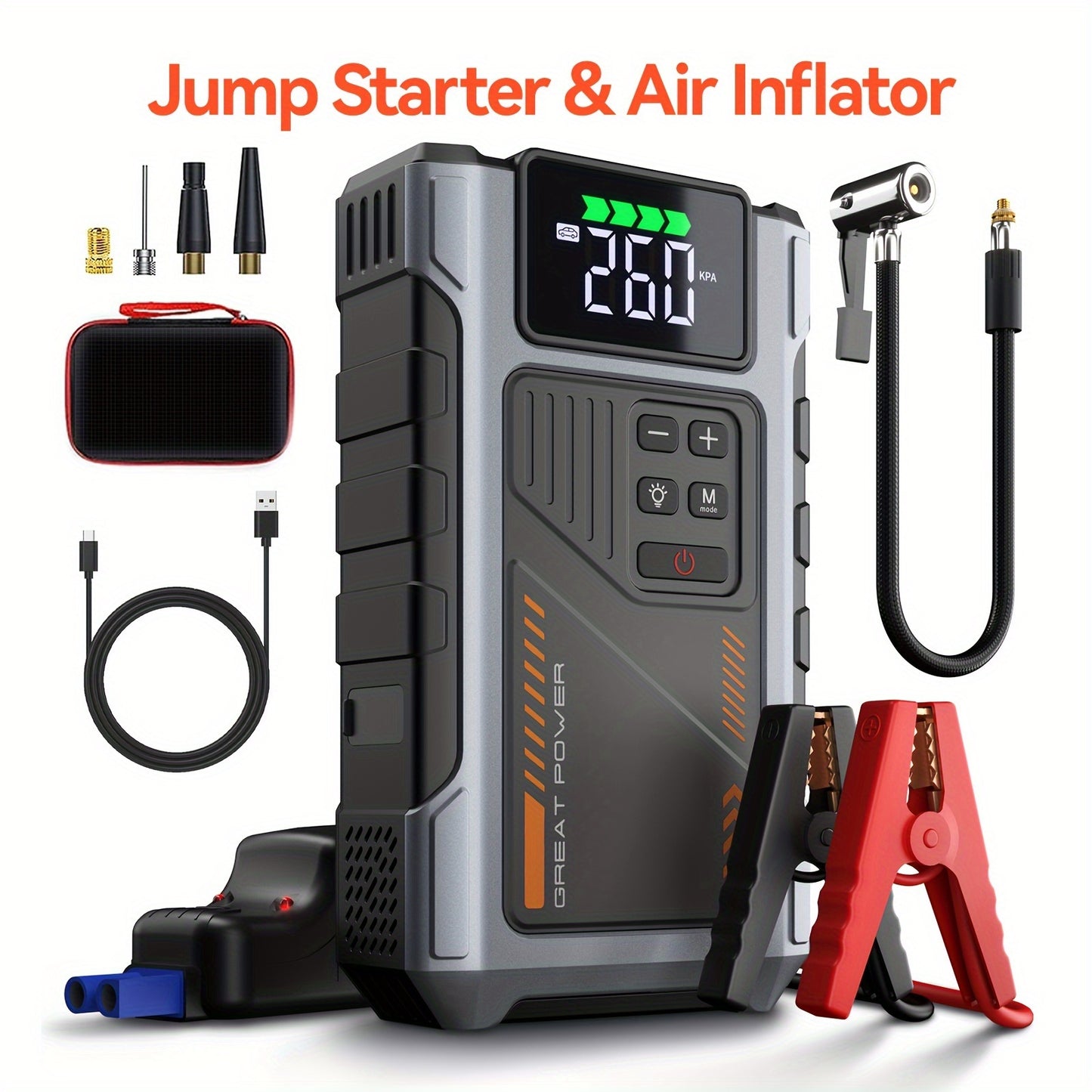 Portable Car Jump Starter with Air Compressor - 150 PSI Tire Inflator