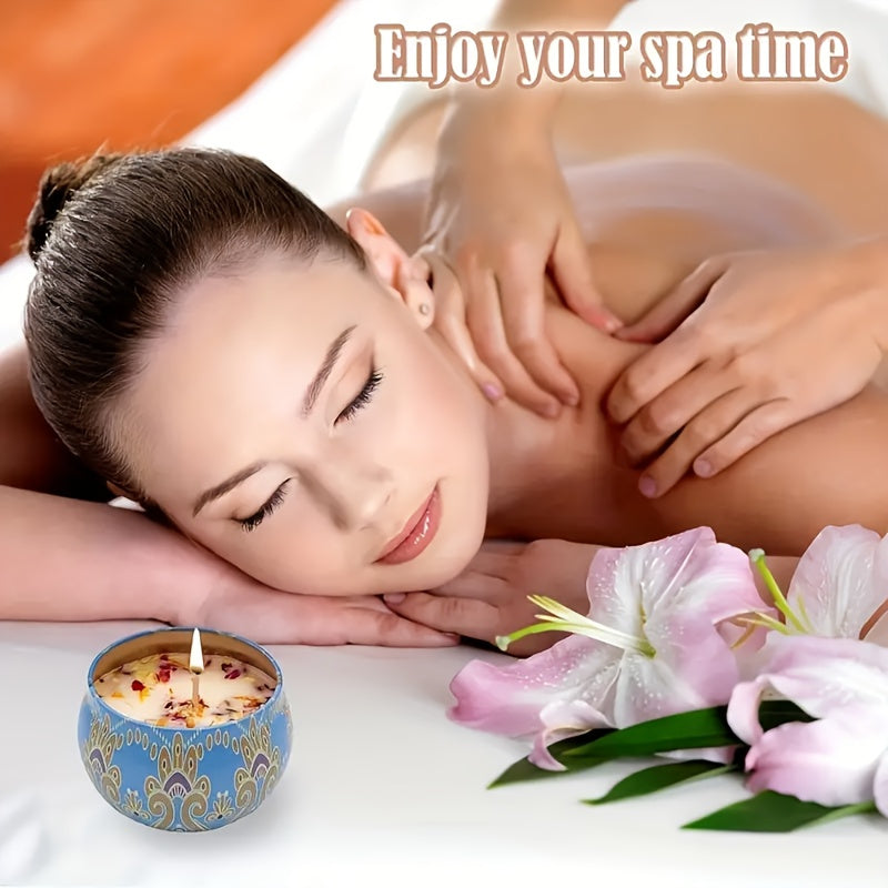 Woman receiving a massage with flowers and a candle on a spa table, text 'Enjoy your spa time'.
