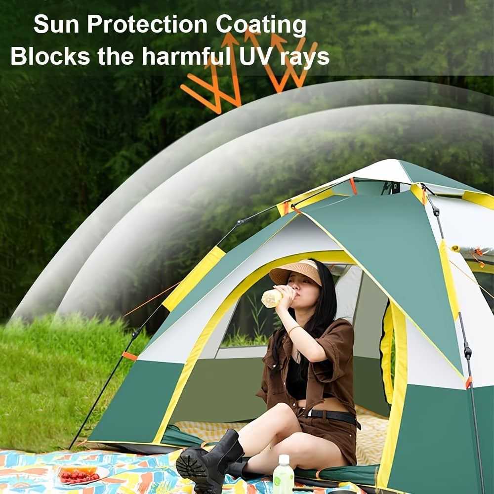 Person sitting in a tent with sun protection coating, surrounded by nature.