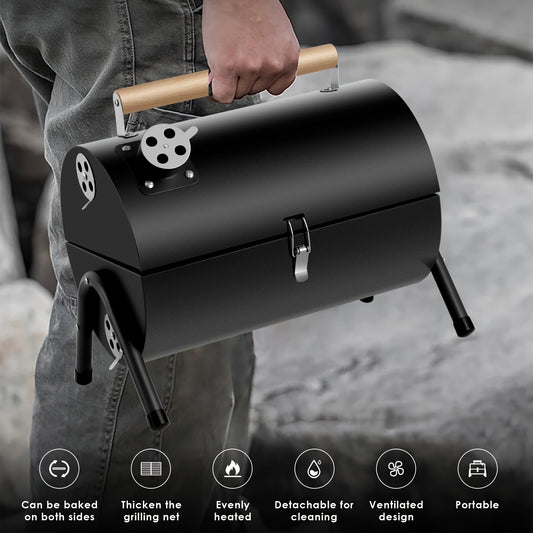 Compact Portable Charcoal Grill Black Stainless-Steel Smoker with Wooden Handles, Camping