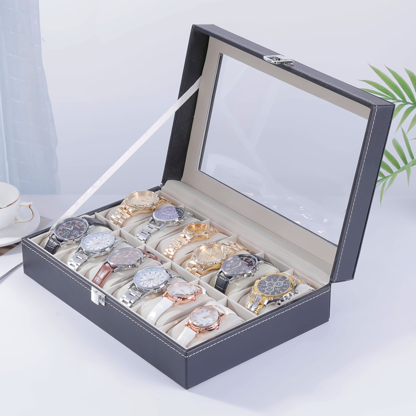 Watch Box 10/12 Slot - Glass Lid Display Case with Removable Pillows