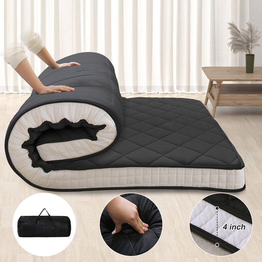 Mattress topper being unrolled on a bed with additional images showing its features.