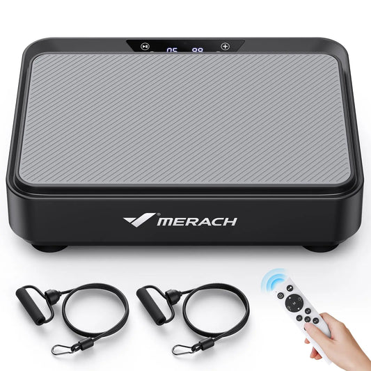 Merach vibration plate with remote control and resistance bands on a white background