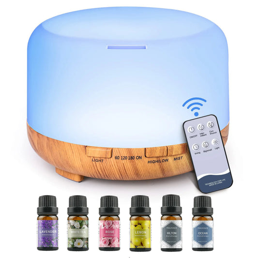 Aromatherapy Oil Diffuser, Aroma Diffuser with 6 Bottle 10ML Essential Oil Set (Lavender/Rose/Jasmine/Lemon/Hilton/Ocean)