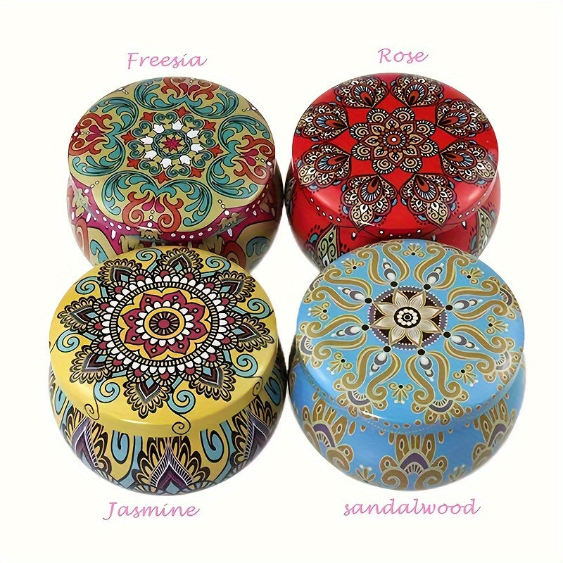 Four colorful containers with intricate patterns and names of scents on a white background