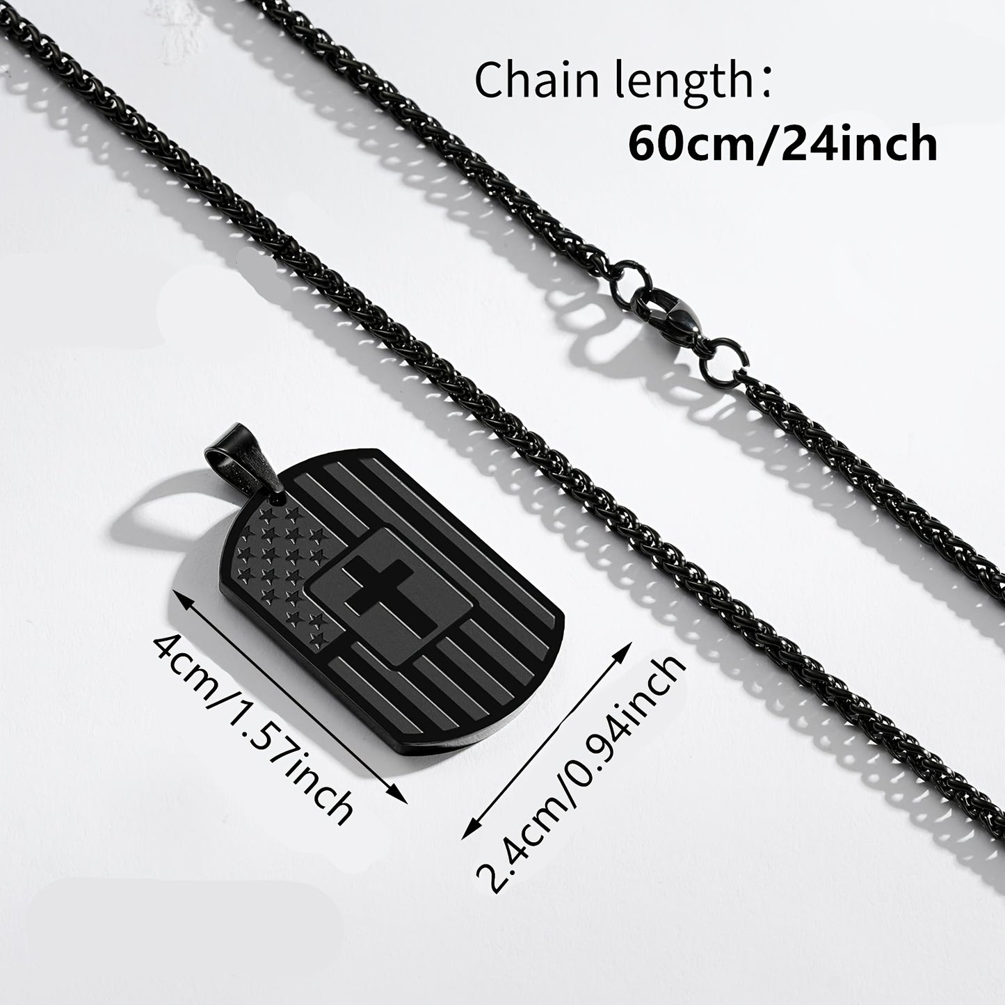 Black pendant necklace with chain length and dimensions displayed