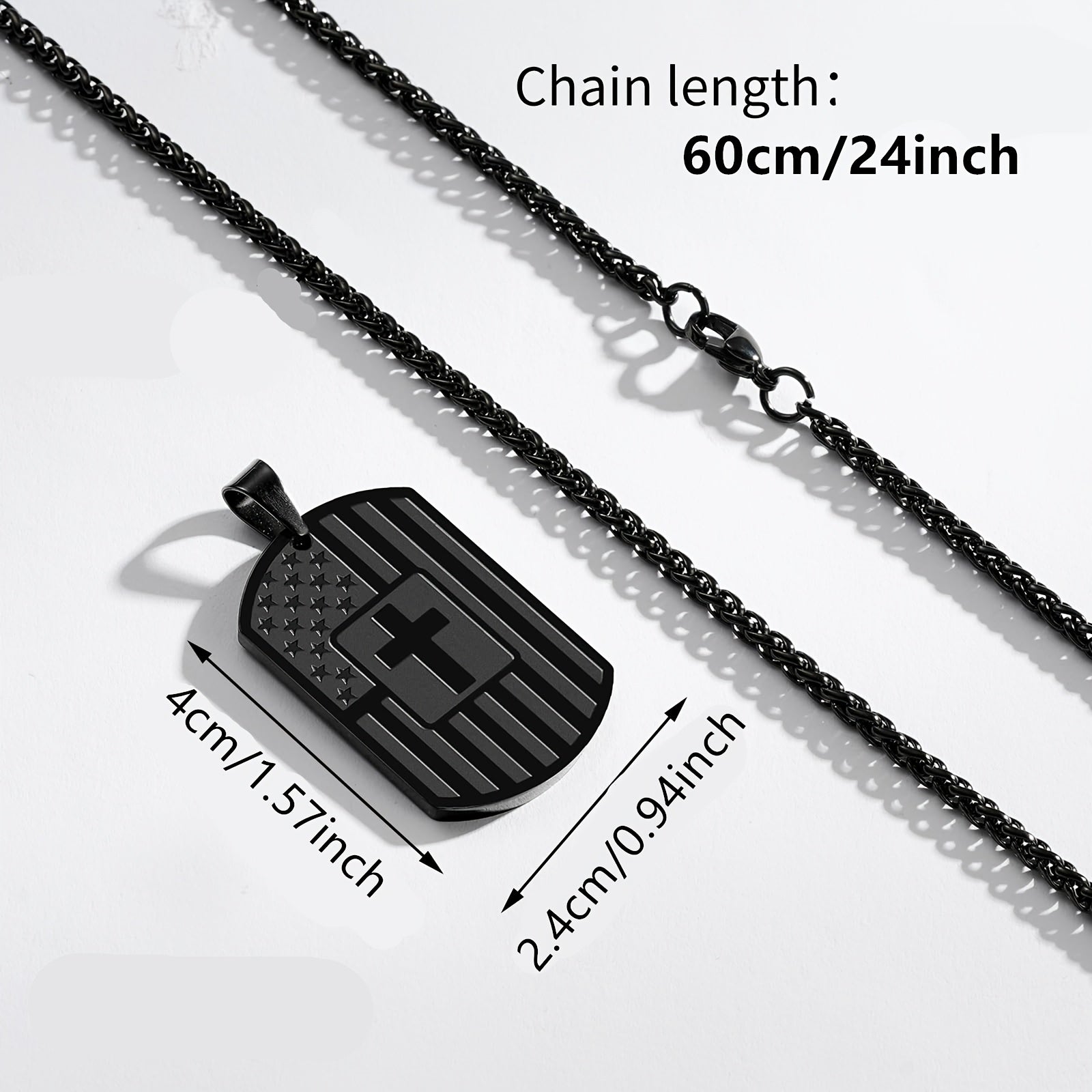 Black pendant necklace with chain length and dimensions displayed