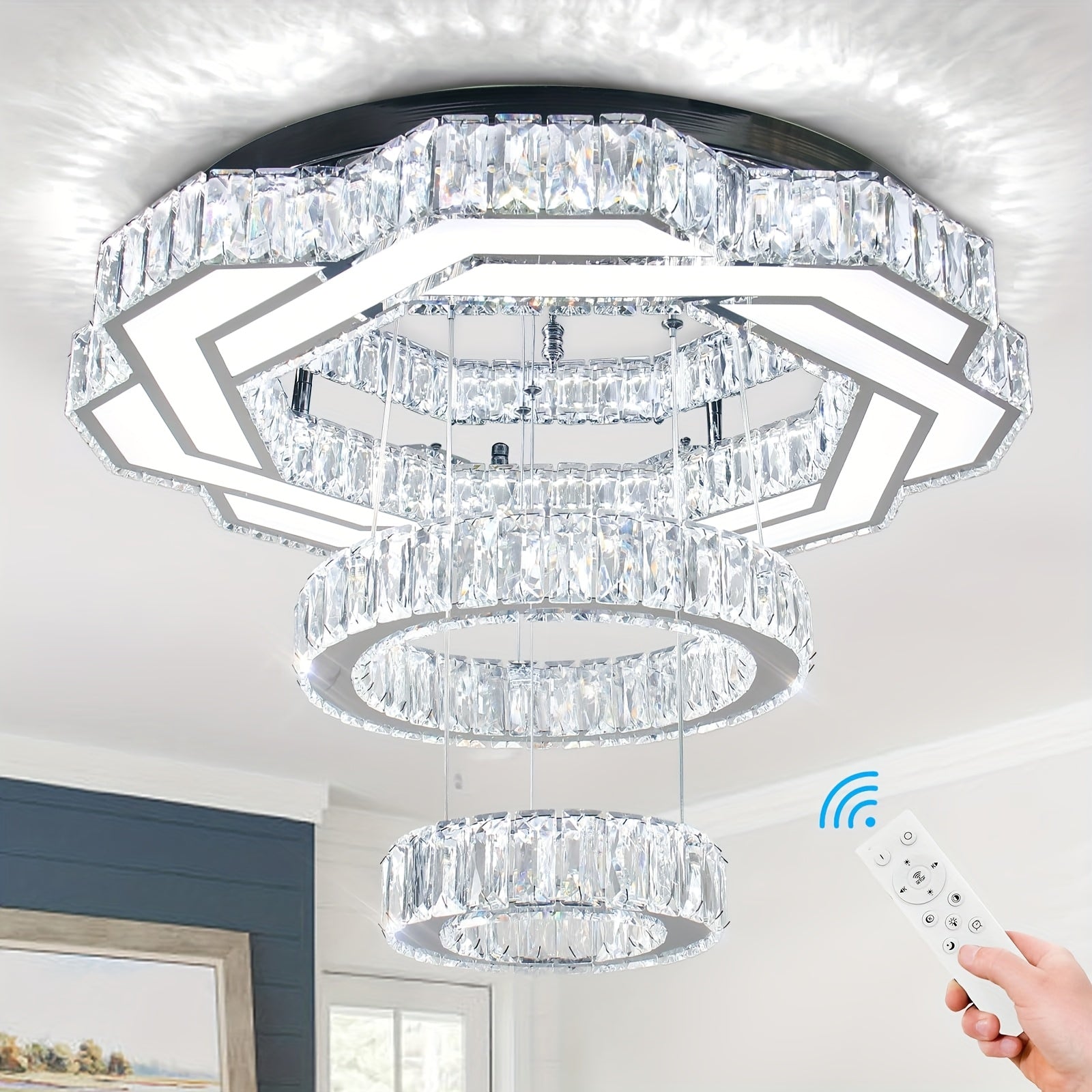Crystal ceiling light fixture with remote control in a room setting