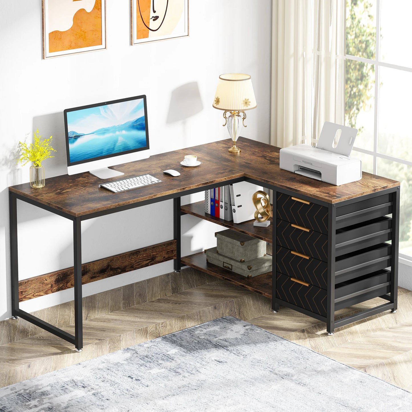 L shaped computer desk with storage drawers in chocolate brown finish

