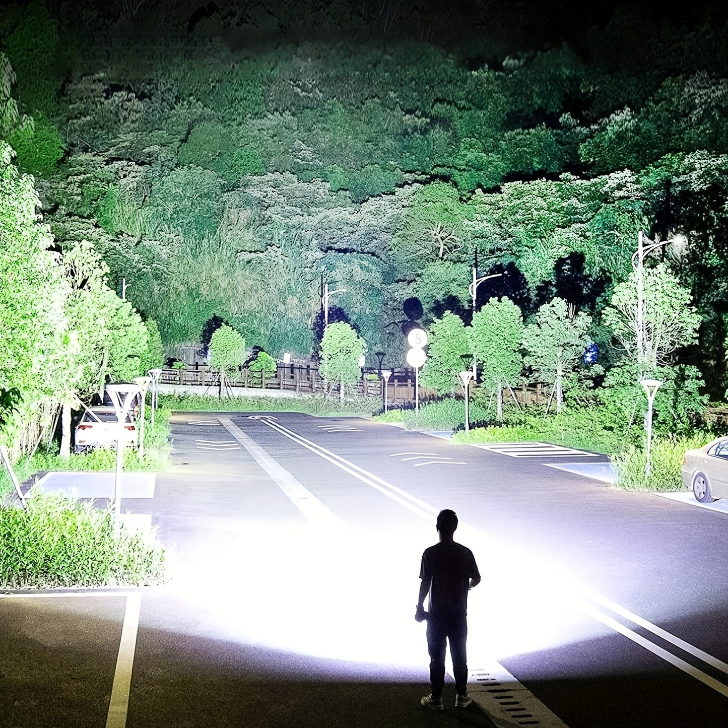 Person standing on a road at night with headlights illuminating the path, surrounded by trees.