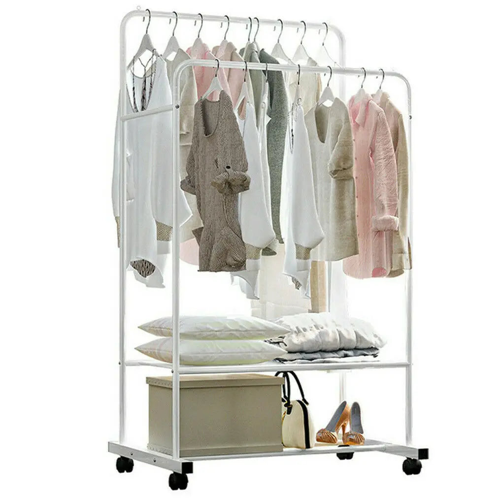 Rolling Cloths Rack Double Rail with Shoe Rack Shelf