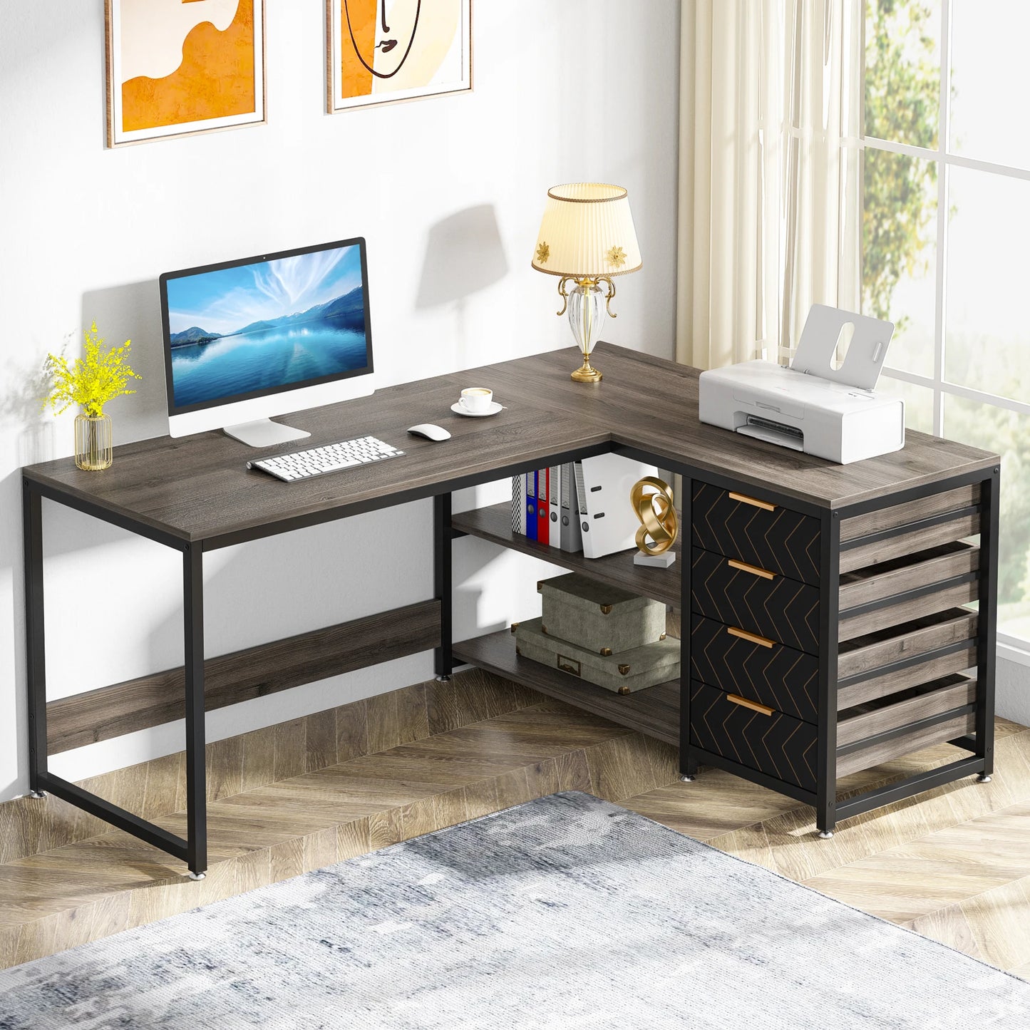 L shaped computer desk with storage drawers in dark grey finish
