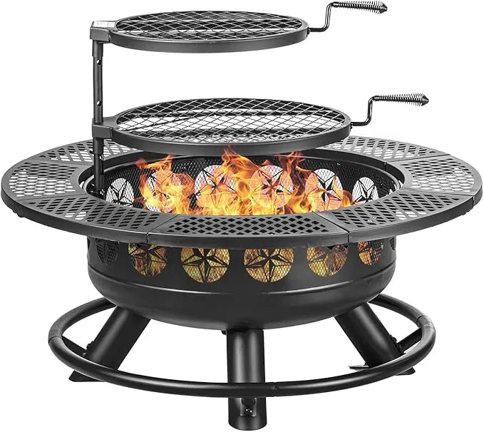 Multi-level fire pit with grill and cooking grate on a white background