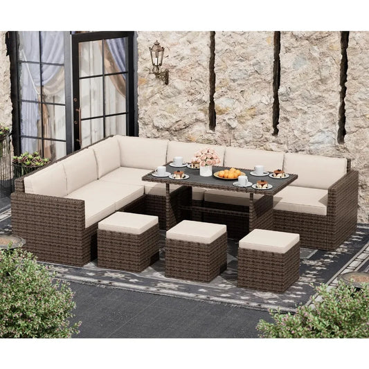 Outdoor Patio Sectional Sofa, 7 Piece Patio Furniture, All Weather PE Rattan with Cushions and Table