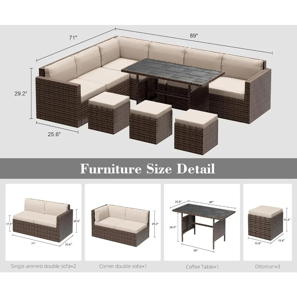 Outdoor Patio Sectional Sofa, 7 Piece Patio Furniture, All Weather PE Rattan with Cushions and Table