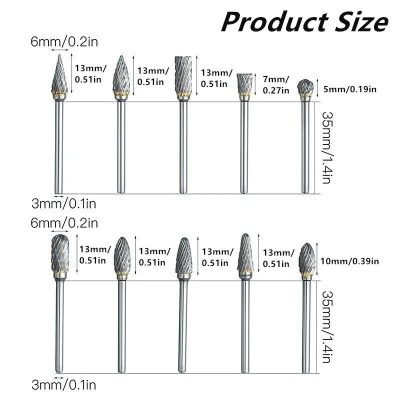 10-Piece Carbide Burr Set - Double Cut Tungsten Steel Rotary Files for Woodworking & Metalworking