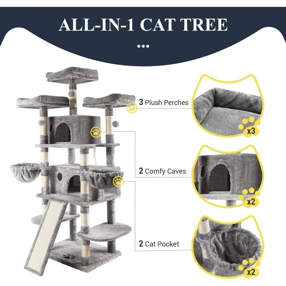 Multi-Level Cat Tree House 68-Inch with Condo, Scratching Posts, and Towers