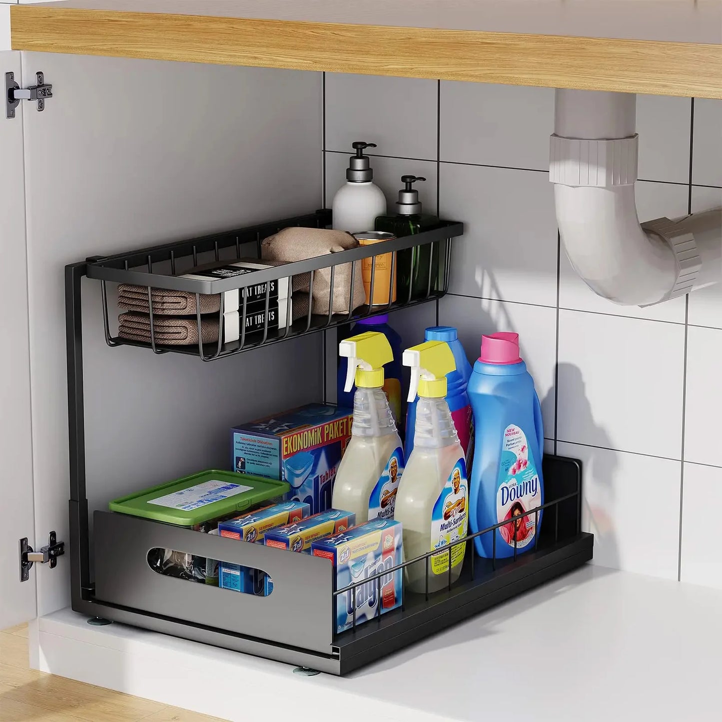 Under Sink 2 Tier Sliding Cabinet Basket Organizer Drawer