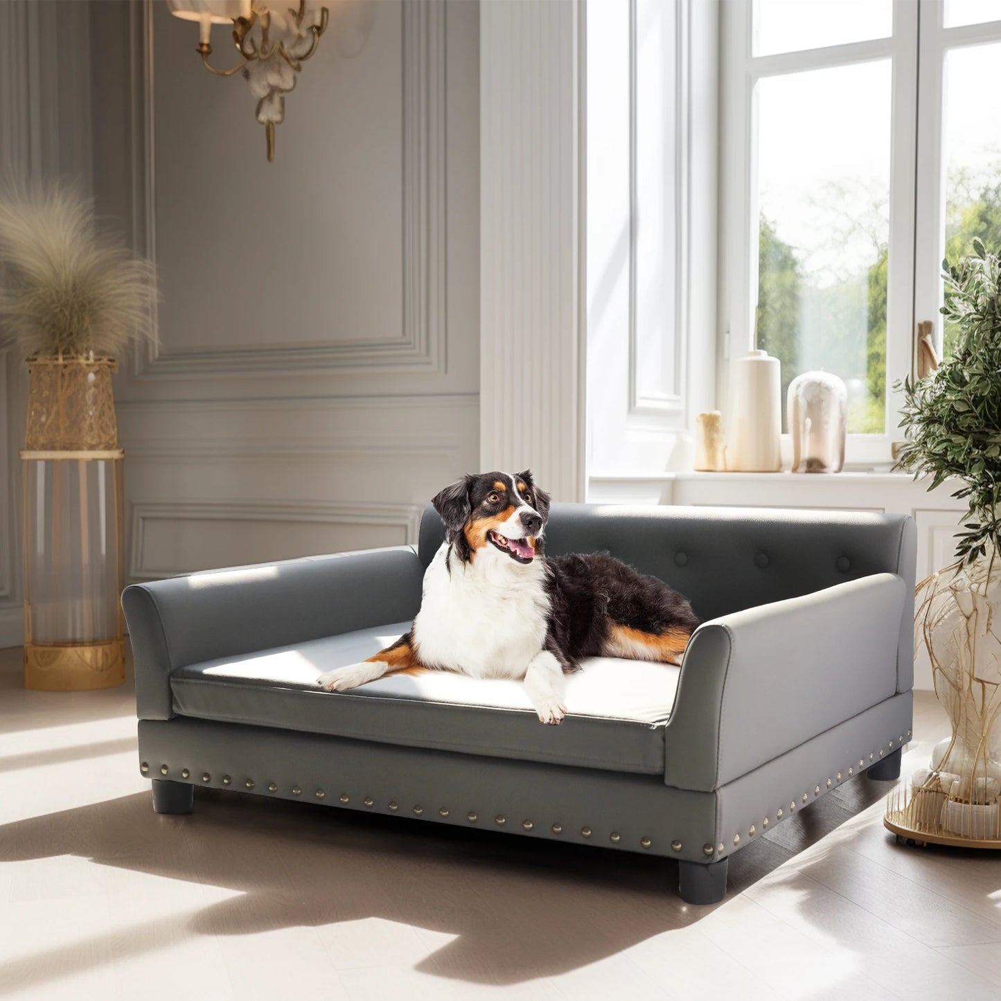 Elevated Dog Sofa Bed Microfiber Leather Cover with Removable Cushion