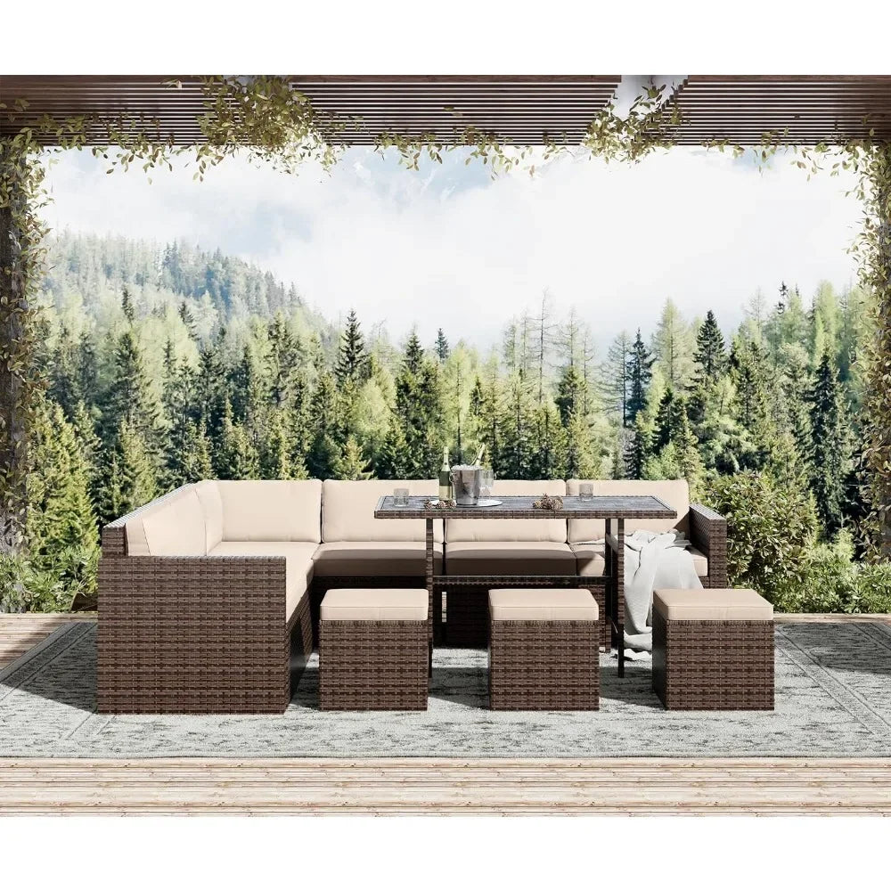 Outdoor Patio Sectional Sofa, 7 Piece Patio Furniture, All Weather PE Rattan with Cushions and Table