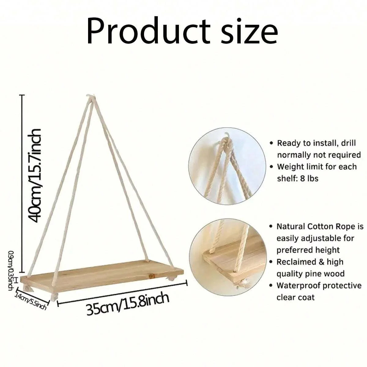 Floating Wooden 1pc Swing Hanging Rope Wall Shelve