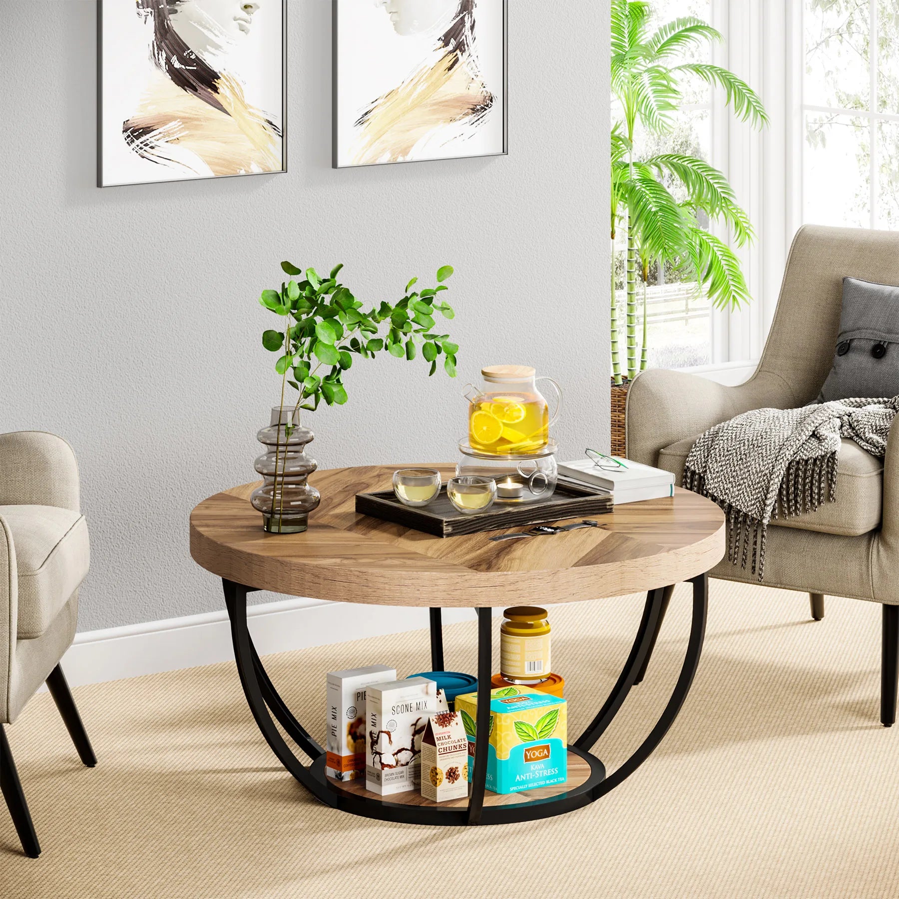 Modern round coffee table styled in living room with plants and home decor
