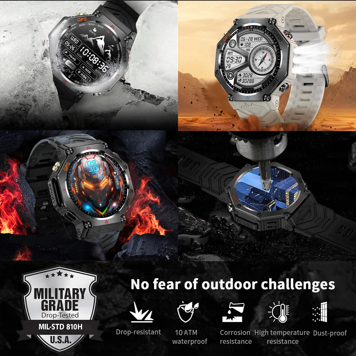 Military-Grade GPS Smart Watch Waterproof IP69K with Compass, Altimeter & Bluetooth Calling