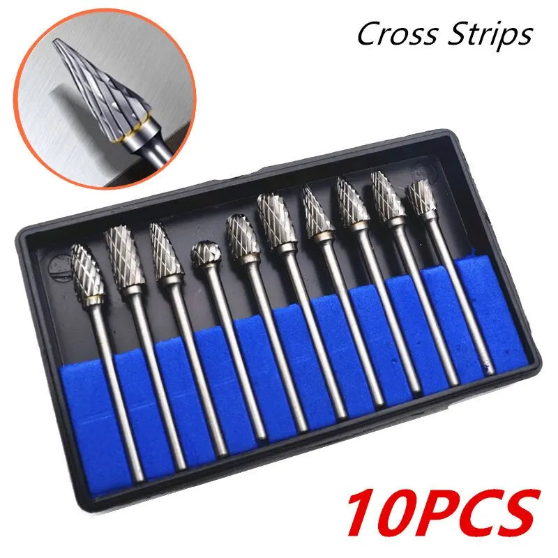 10-Piece Carbide Burr Set - Double Cut Tungsten Steel Rotary Files for Woodworking & Metalworking