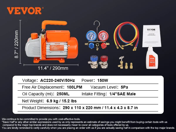 VEVOR 3.5 HVAC Air AC Vacuum Pump & A/C Refrigerant Kit Manifold Gauge Set for Air Conditioning