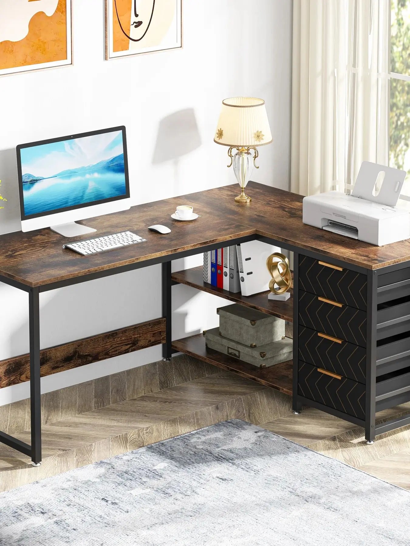 L Shaped Computer Desk with Storage Drawers