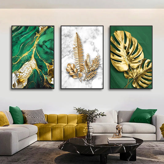 Golden Leaves Canvas Painting Abstract Green Marble