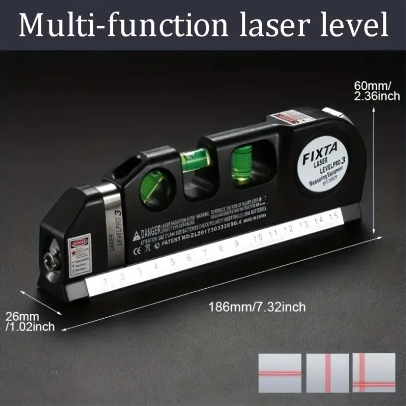 3-in-1 Laser Level – Cross Line Laser with Built-in 8ft (2.5m) Tape Measure & Metric Rulers