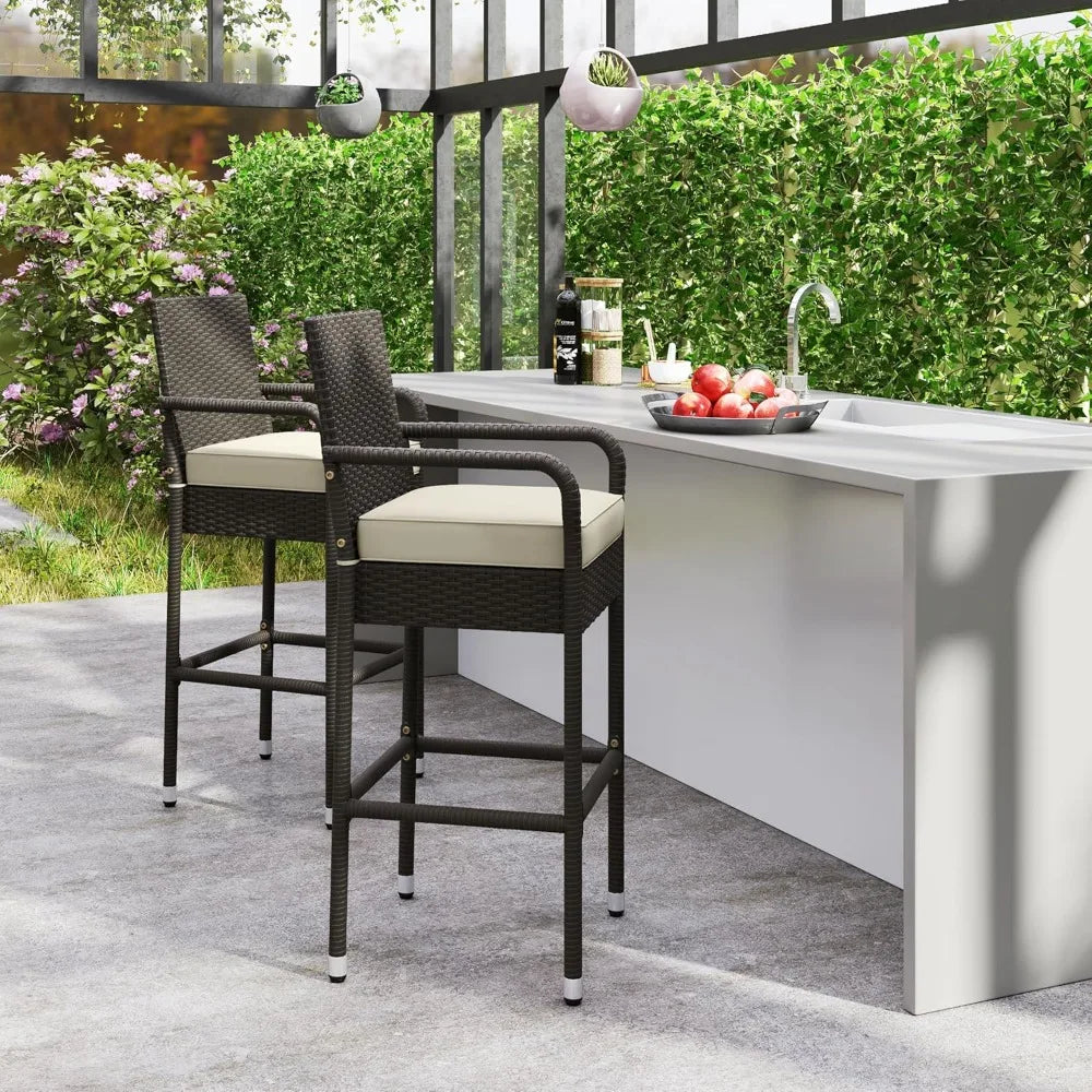 Outdoor bar stool 2-piece set, terrace wicker chair with armrests and footrests