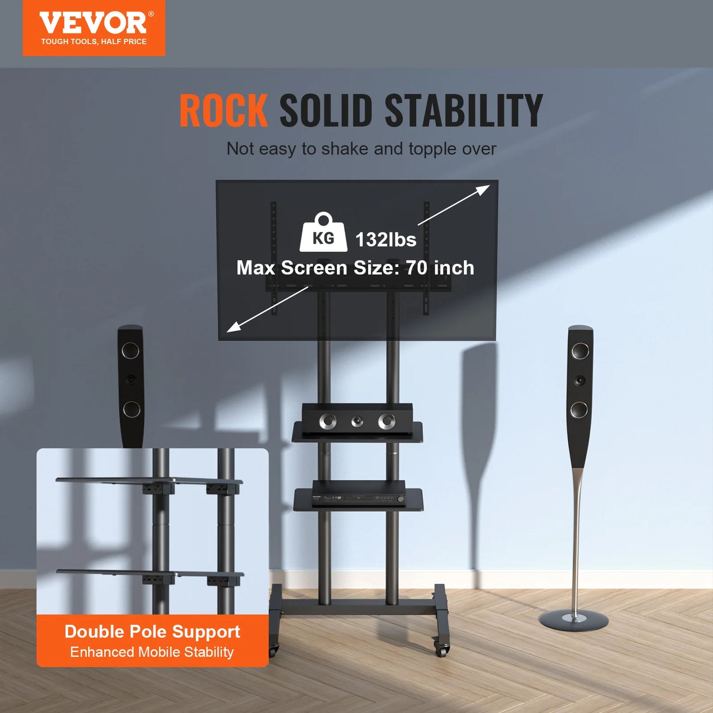 VEVOR Mobile TV Stand Height Adjustable with Wheels Double Tray for Audio-Visual Devices