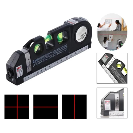 3-in-1 Laser Level – Cross Line Laser with Built-in 8ft (2.5m) Tape Measure & Metric Rulers