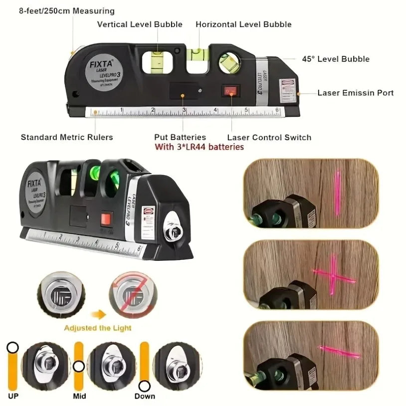 3-in-1 Laser Level – Cross Line Laser with Built-in 8ft (2.5m) Tape Measure & Metric Rulers