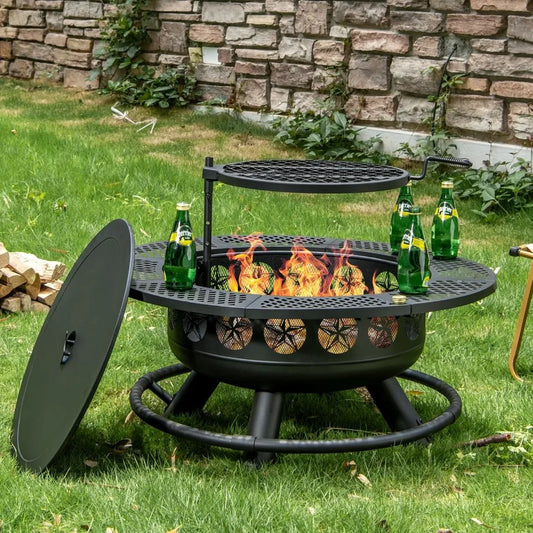 36 Inch Fire Pit with Cooking Grill, Outdoor Wood Burning Firepit with Lid