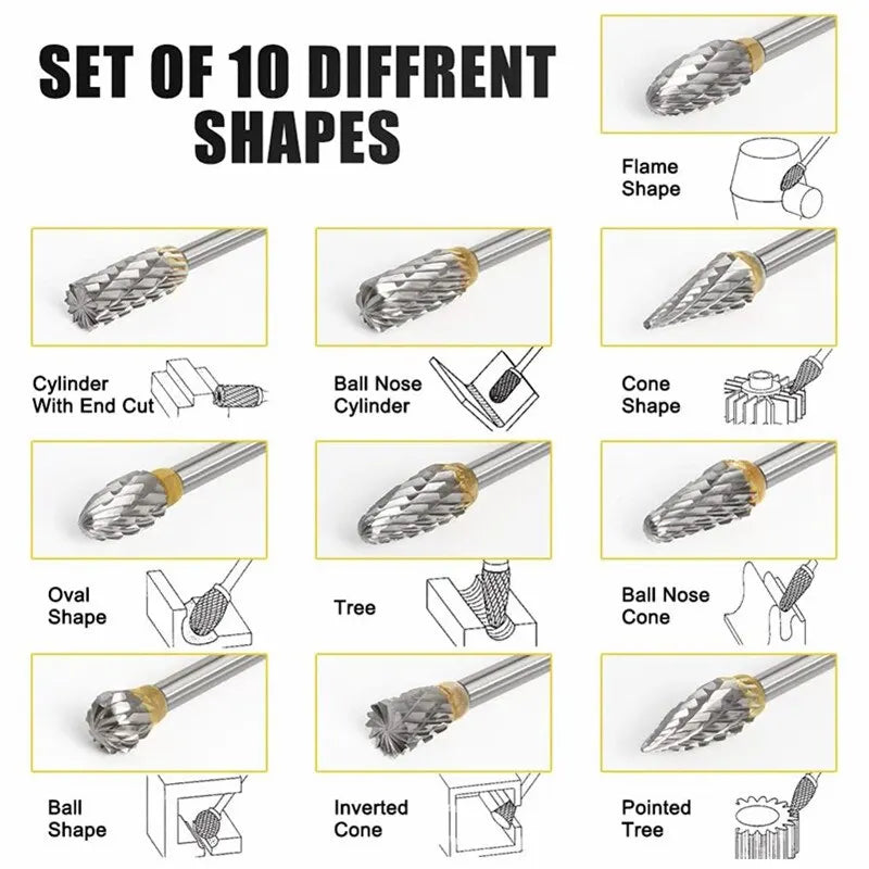 10-Piece Carbide Burr Set - Double Cut Tungsten Steel Rotary Files for Woodworking & Metalworking