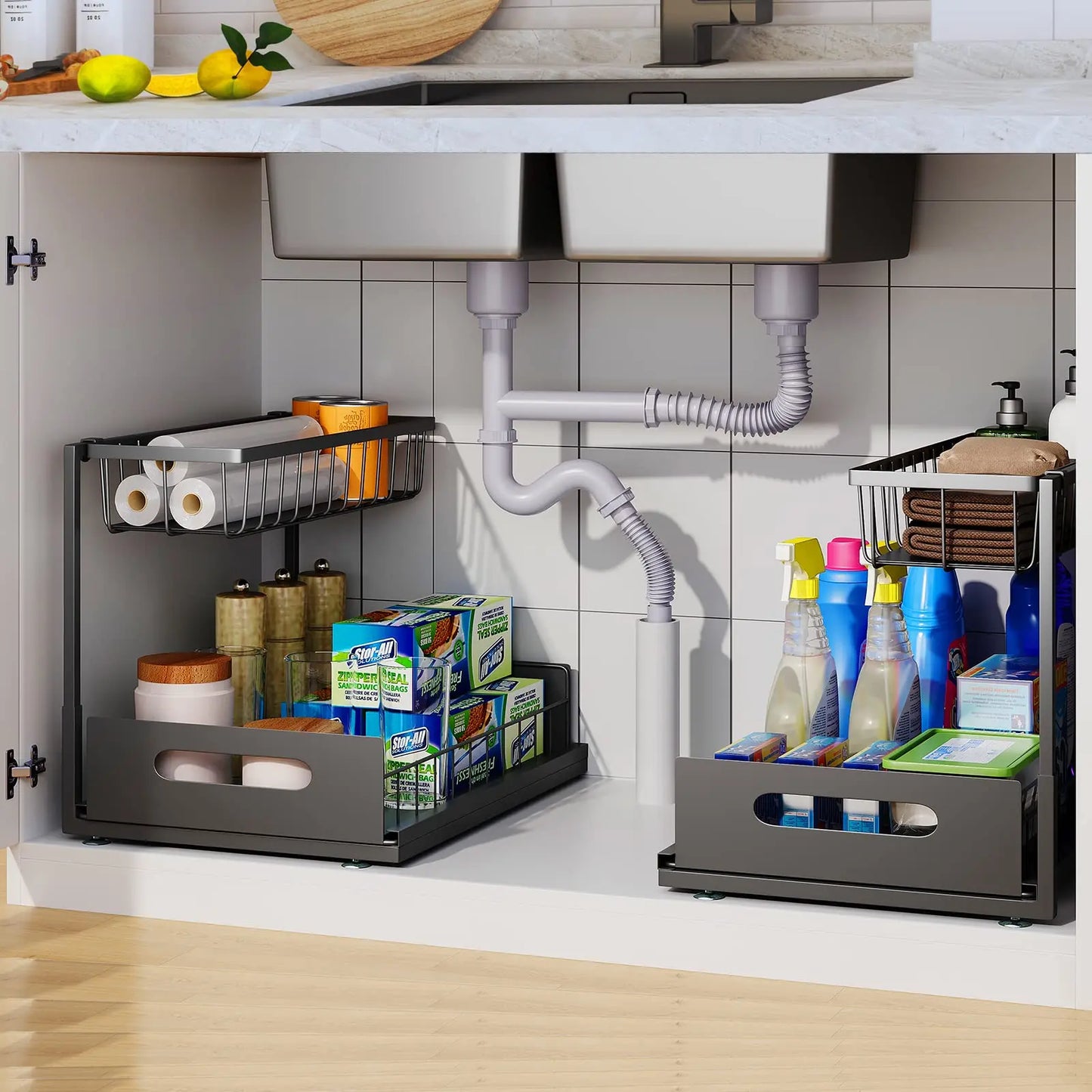 Under Sink 2 Tier Sliding Cabinet Basket Organizer Drawer