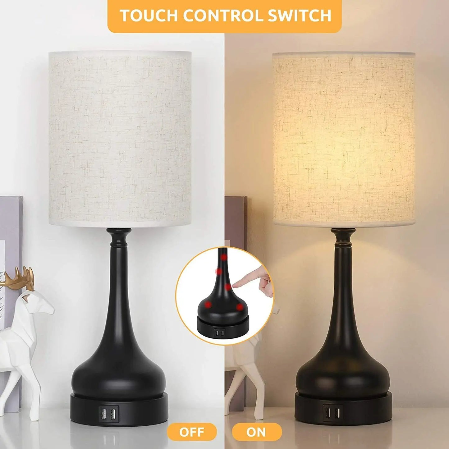 Table Lamp Set of 2 with Touch Control with USB Charging Ports