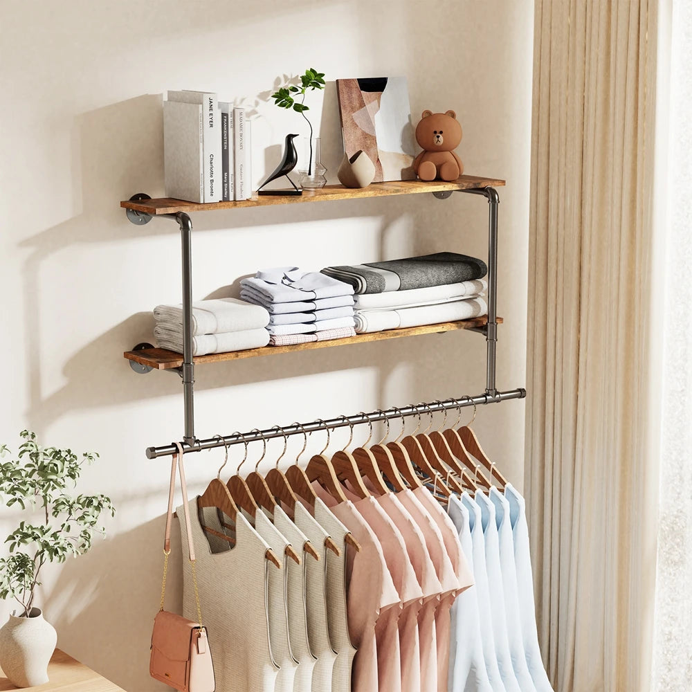 Wall Mounted Storage Shelf Industrial Pipe Hanging Rail Pole