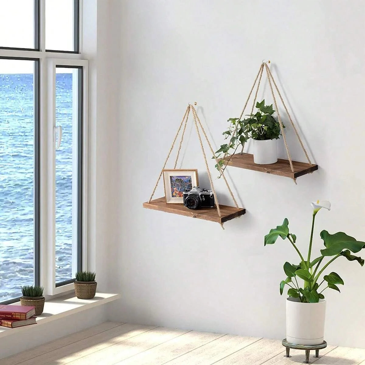 Floating Wooden 1pc Swing Hanging Rope Wall Shelve