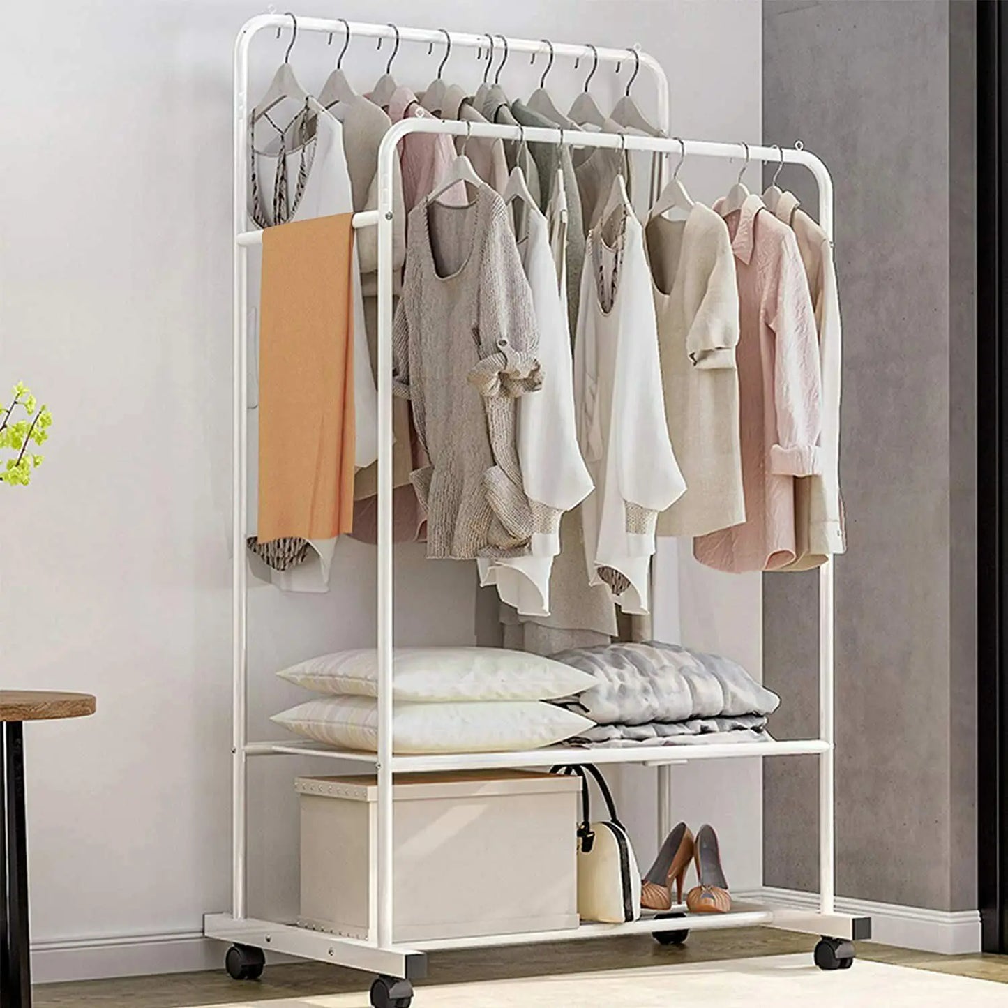 Rolling Cloths Rack Double Rail with Shoe Rack Shelf