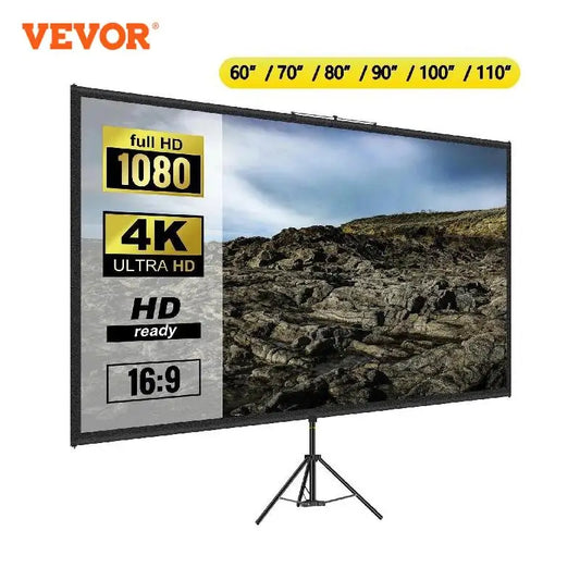 VEVOR Tripod Projector Screen W/ Stand 16:9 4K HD Portable Home Cinema