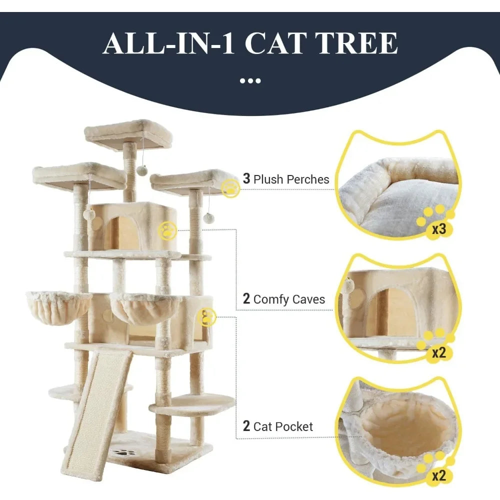 Multi-Level Cat Tree House 68-Inch with Condo, Scratching Posts, and Towers