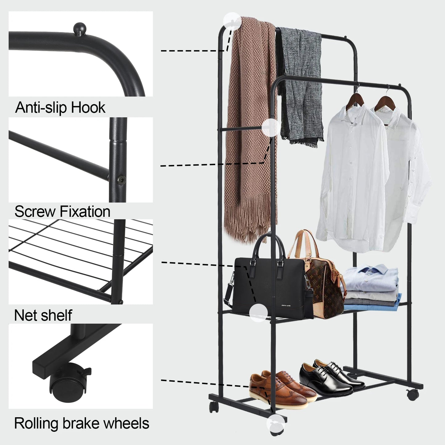 Rolling Cloths Rack Double Rail with Shoe Rack Shelf