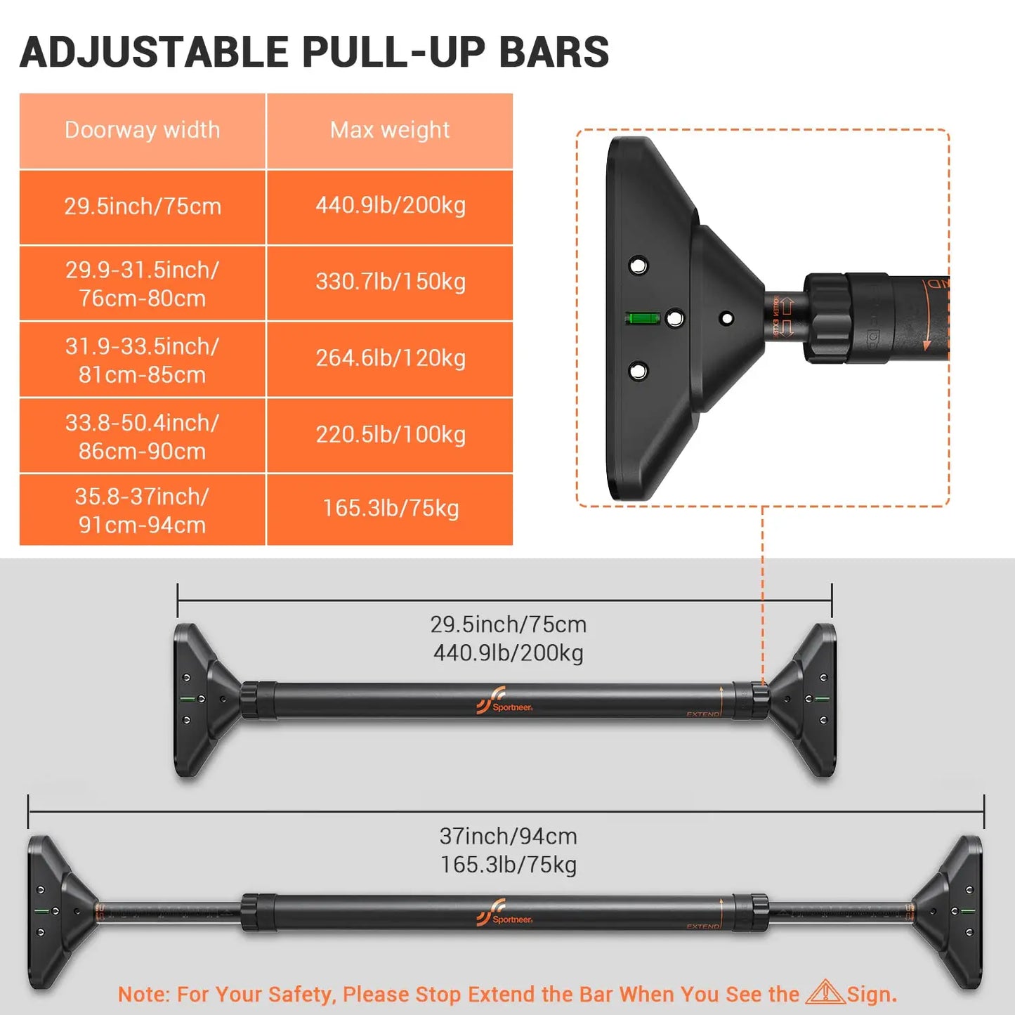 Pull Up Bar Adjustable Width Strength Training Chin up Bar without Screws Max 440lbs for Fitness Exercise