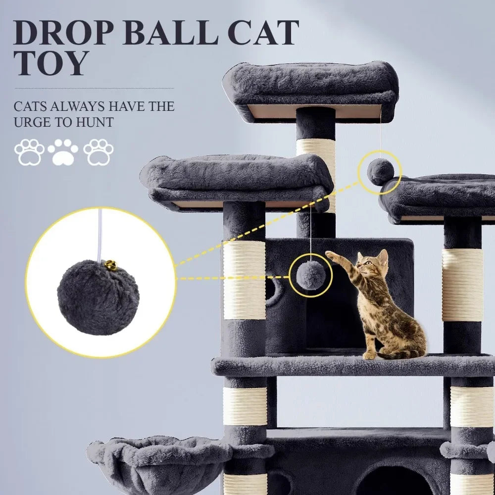 Multi-Level Cat Tree House 68-Inch with Condo, Scratching Posts, and Towers