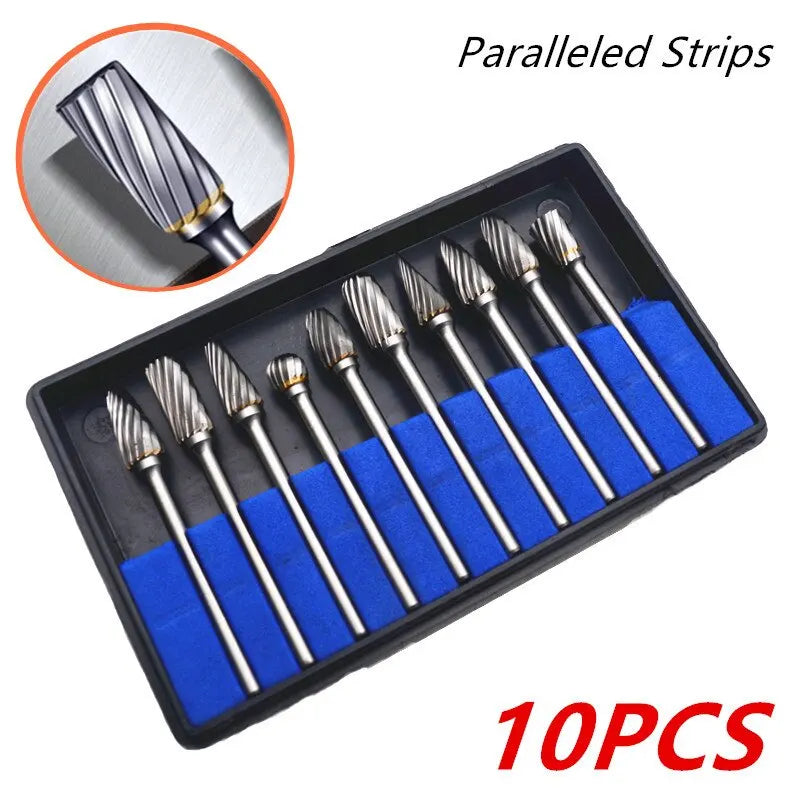 10-Piece Carbide Burr Set - Double Cut Tungsten Steel Rotary Files for Woodworking & Metalworking