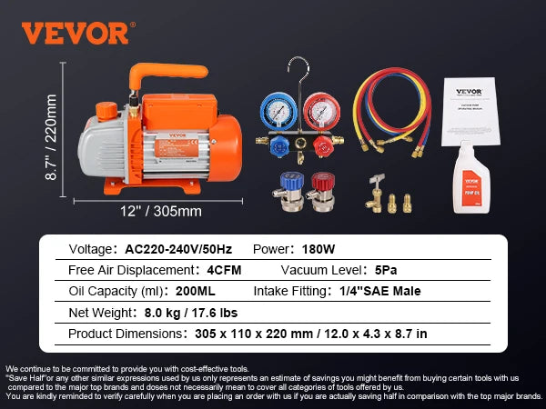 VEVOR 3.5 HVAC Air AC Vacuum Pump & A/C Refrigerant Kit Manifold Gauge Set for Air Conditioning